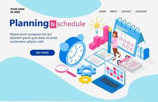 Landing page with illustration of isometric style business plan and schedule vector