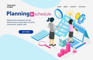 Landing page with illustration of isometric style business plan and schedule vector