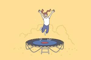 Summer leisure activities, sport concept. Cute little girl playing on trampoline, laughing jumping kid gymnast training and having fun vector illustration