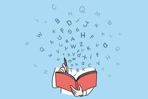 Education, study, knowledge and information concept. Student learning with book reading with letters flying around vector illustration