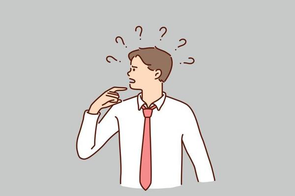 Frustration, challenge and risks concept. Young frustrated businessman cartoon character standing feeling doubt with question marks above vector illustration