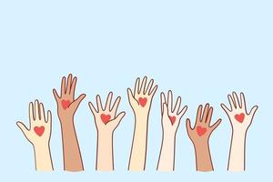 Love and international support concept. Human hands with red heart shape on palms raising up celebrating event mixed race group vector illustration