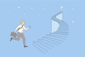 Opportunities and business career concept. Young smiling businessman with suit running on ladder trying to get to top business work success vector illustration