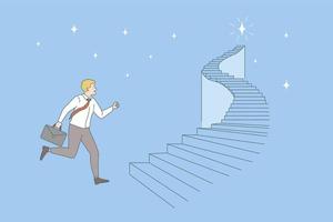 Opportunities and business career concept. Young smiling businessman with suit running on ladder trying to get to top business work success vector illustration