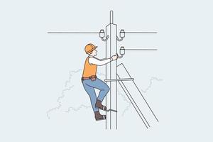 Lightning equipment and workers concept. Man Lineman worker climbing up telephone post, high voltage vector illustration