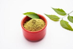 Neem Powder, paste and juice. Azadirachta indica or commonly known as nimtree or Indian lilac photo
