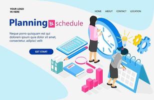 Landing page with illustration of isometric style business plan and schedule vector