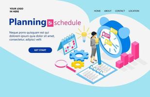 Landing page with illustration of isometric style business plan and schedule vector