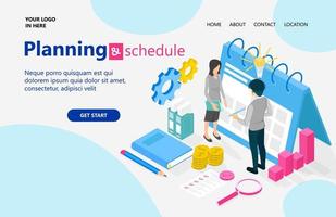 Landing page with illustration of isometric style business plan and schedule vector