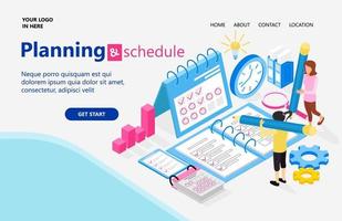 Landing page with illustration of isometric style business plan and schedule vector