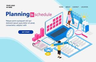 Landing page with illustration of isometric style business plan and schedule vector