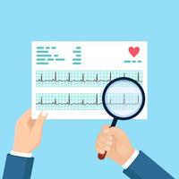 Cardiogram and magnifying glasses in doctor hand. Chart of heart beat rhythm vector