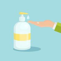 Man using hand sanitizer gel or soap with pump dispenser. Hygiene, washing hands vector