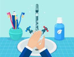 Washing hands with soap foam, scrub, gel bubbles. Water tap, faucet leak in sink. Personal hygiene, daily routine concept. Clean body. Vector cartoon design