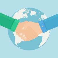 Handshake on the background of the globe. Hands of different people. Partnership , friendship and cooperation vector