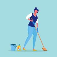 mujer en guantes lavando piso. chica usando fregona, detergente para limpiar las tareas del hogar. ama de casa haciendo tareas vector