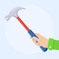 Handyman holds claw hammer in hand. Tool for home repair, construction vector