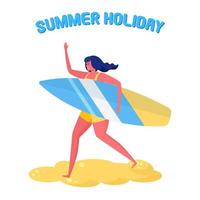 Woman with surfboard. Surfer in beachwear on beach. Funny surfer. Summer holiday, vacation, extreme sport. Surfing concept. vector