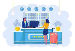 Woman with suitcases is standing at reception desk. Check into hotel. Receptionist welcomes the guest. Hostel interior with administrator. Tourist with luggage in lobby. vector