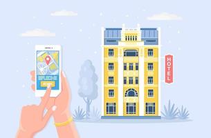 Hand hold smart phone with app for hotel search and online booking. Mobile application for reservation, rent apartment. Man finds and order motel room by mobile phone. Vector cartoon design