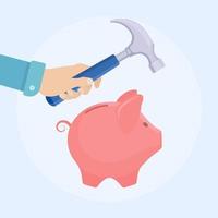 Man hand holds hammer raised above piggy bank with money to break it. Financial savings, problems, need for money vector