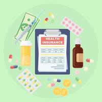 formulario de seguro de salud. botella de pastillas, dinero, cápsulas. vector
