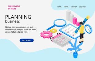 Landing page with illustration of isometric style business plan and schedule vector