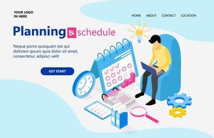 Landing page with illustration of isometric style business plan and schedule vector