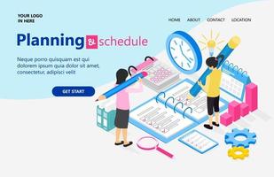 Landing page with illustration of isometric style business plan and schedule vector