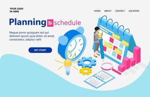 Landing page with illustration of isometric style business plan and schedule vector