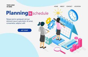 Landing page with illustration of isometric style business plan and schedule vector