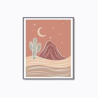 Boho modern linear desert cactus moon and mountain vintage retro wall art poster vector