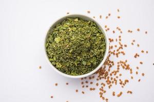 Kasuri Methi or Kasoori Methi or dried fenugreek leaves also known as Trigonella Foenum Graecum photo