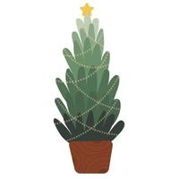 Christmas green tree with yellow garland and star. New Year,Christmas  decoration. vector