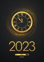 Happy New Year 2023. Golden metallic numbers 2023, gold watch with Roman numeral and countdown midnight with loading bar on shimmering background. Bursting backdrop with glitters. Vector illustration.