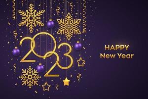 Happy New 2023 Year. Hanging Golden metallic numbers 2023 with shining snowflakes, 3D metallic stars, balls and confetti on purple background. New Year greeting card or banner template. Vector. vector