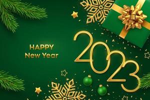 Happy New 2023 Year. Golden metallic numbers 2023 with gift box, shining snowflake, pine branches, stars, balls and confetti on green background. New Year greeting card or banner template. Vector. vector