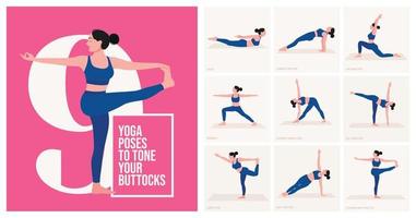 Posturas de yoga para glúteos. mujer joven practicando pose de yoga. mujer entrenamiento fitness, aeróbicos y ejercicios. ilustración vectorial vector