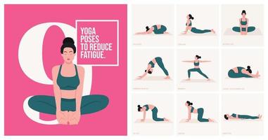 Posturas de yoga para dormir mejor. mujer joven practicando pose de yoga. mujer entrenamiento fitness, aeróbicos y ejercicios. ilustración vectorial vector