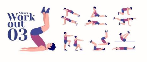 Men Workout Set. Men exercise vector set. Men doing fitness and yoga exercises. Lunges, Pushups, Squats, Dumbbell rows, Burpees, Side planks, Glute bridge, Leg Raise, Russian Twist .etc