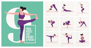 yoga poses for Energy and focus. Young woman practicing Yoga pose. Woman workout fitness, aerobic and exercises. Vector Illustration.