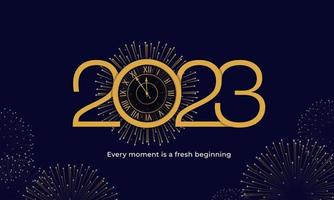 Fondo de cartel de feliz año nuevo 2023. anillo de reloj dorado con elegante ilustración de vector de línea de tipografía con clase para tarjeta de felicitación, banner, diseño de plantilla de fondo