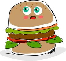 Hamburguesa triste, ilustración, vector sobre fondo blanco.