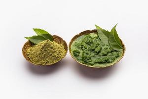 Neem Powder, paste and juice. Azadirachta indica or commonly known as nimtree or Indian lilac photo