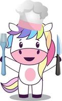 Unicornio con cuchillo, ilustración, vector sobre fondo blanco.