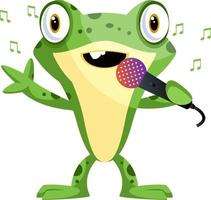 mascota de rana feliz cantando en un micrófono, ilustración, vector sobre fondo blanco.