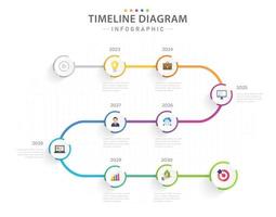 plantilla infográfica para negocios. Diagrama de línea de tiempo moderno de 8 pasos con temas anuales, infografía vectorial de presentación. vector