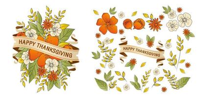 illustration of happy thanksgiving with scroll ribbon set of flowers and leaves isolated white background, applicable for invitation, greeting cards, banner, poster, and graphic design element .