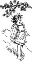 niña de pie en el viento, ilustración vintage vector