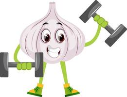 Garlic lifting weights, illustration, vector on white background.